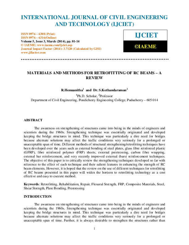 First page of “MATERIALS AND METHODS FOR RETROFITTING OF RC BEAMS – A REVIEW”