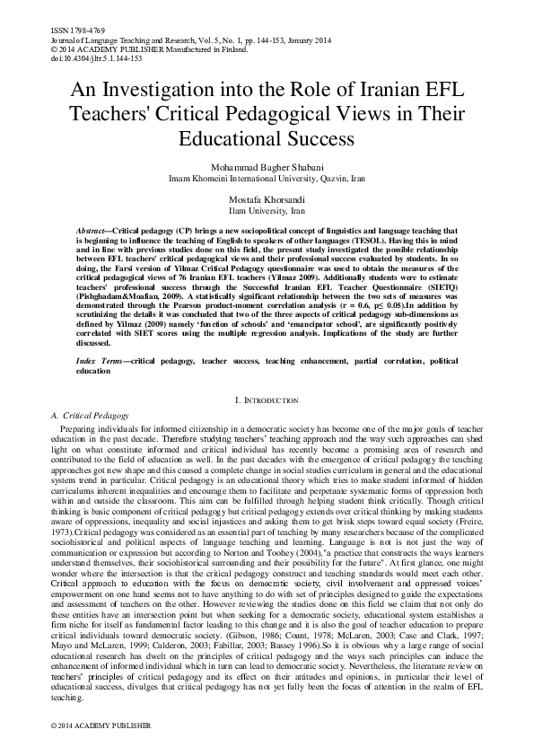 First page of “An Investigation into the Role of Iranian EFL Teachers' Critical Pedagogical Views in Their Educational Success”