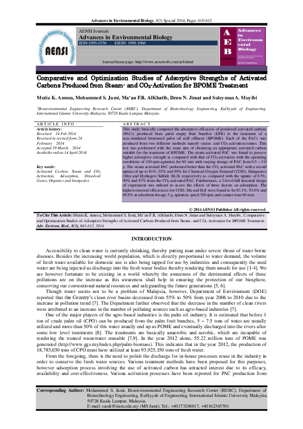 First page of “Comparative and Optimization Studies of Adsorptive Strengths of Activated Carbons Produced from Steamand CO2-Activation for BPOME Treatment”