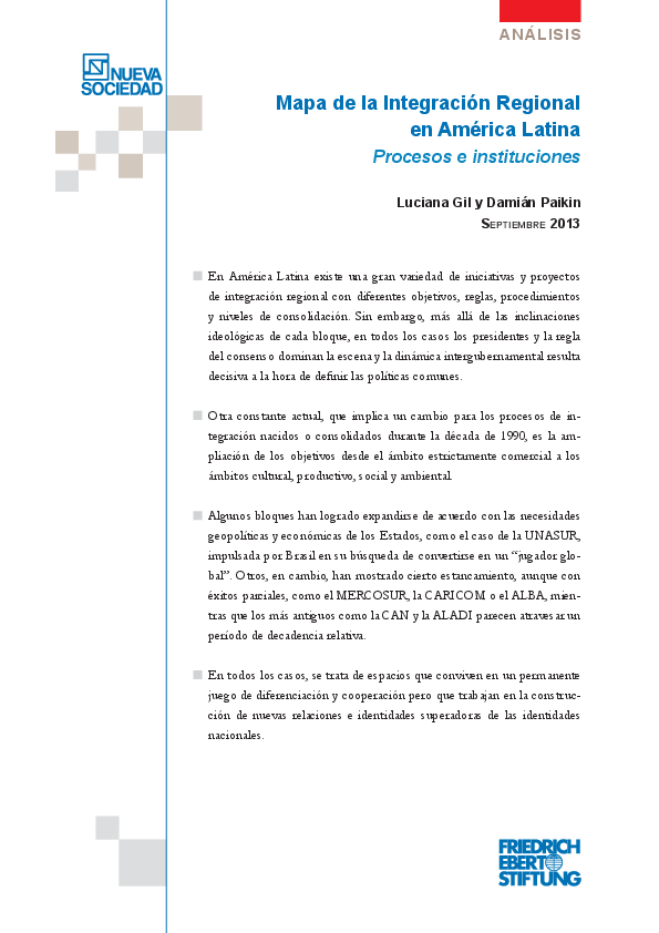 First page of “Mapa de la Integración Regional en América Latina Procesos e instituciones”