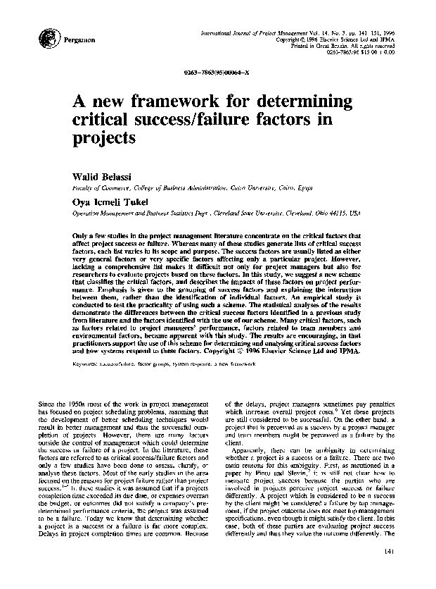 First page of “A new framework for determining critical success/failure factors in projects”