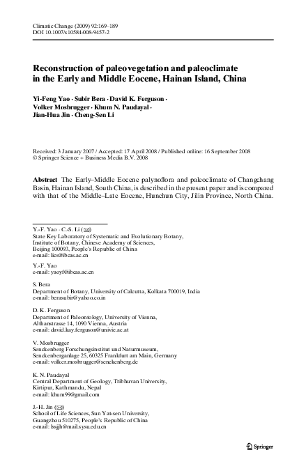 First page of “Reconstruction of paleovegetation and paleoclimate in the Early and Middle Eocene, Hainan Island, China ”