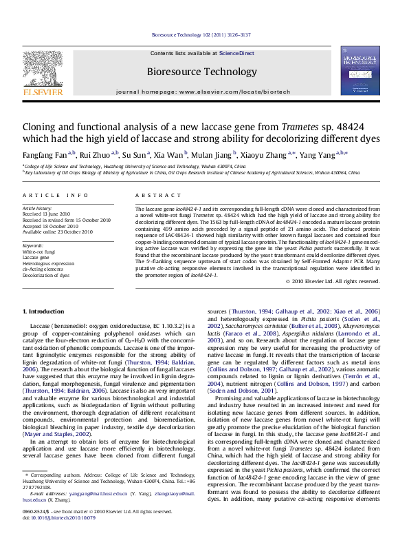 First page of “Cloning and functional analysis of a new laccase gene from Trametes sp. 48424 which had the high yield of laccase and strong ability for decolorizing different dyes”