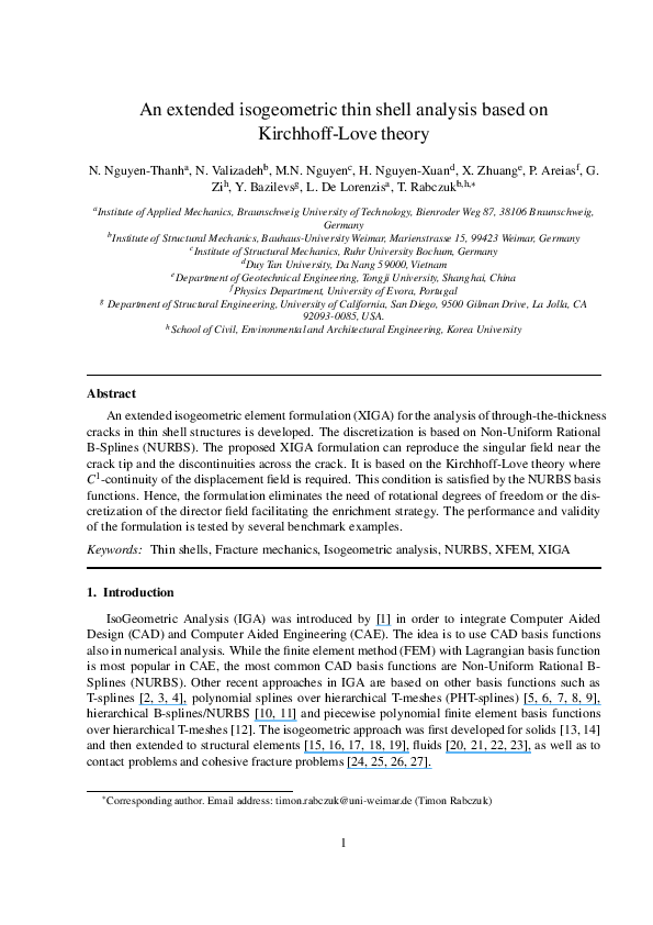 First page of “An extended isogeometric thin shell analysis based on Kirchhoff–Love theory”