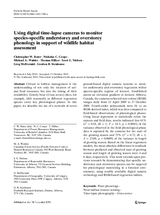 First page of “Using digital time-lapse cameras to monitor species-specific understorey and overstorey phenology in support of wildlife habitat assessment”