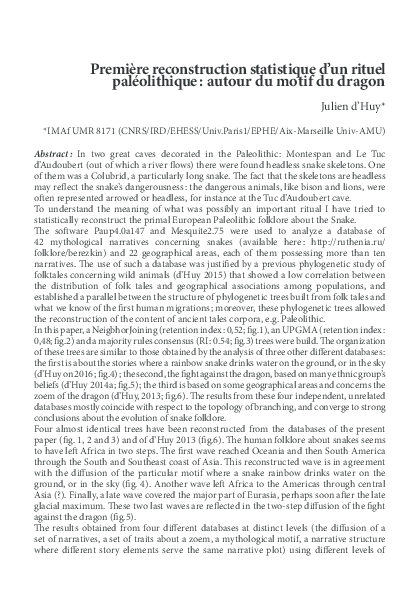 First page of “2016. Première reconstruction statistique d'un rituel paléolithique : autour du motif du dragon. - Nouvelle Mythologie Comparée / New Comparative Mythology, 3.”