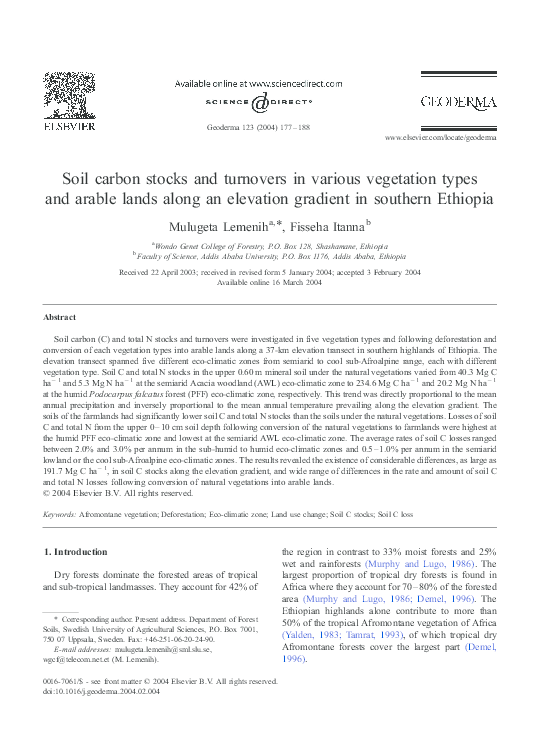 First page of “Soil carbon stocks and turnovers in various vegetation types and arable lands along an elevation gradient in southern Ethiopia”