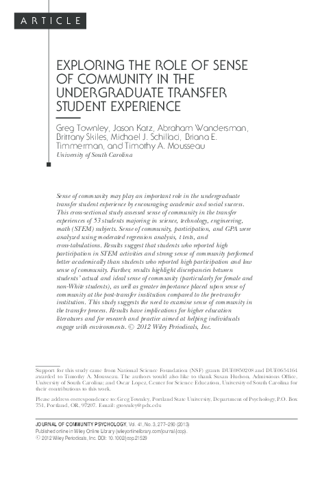 First page of “EXPLORING THE ROLE OF SENSE OF COMMUNITY IN THE UNDERGRADUATE TRANSFER STUDENT EXPERIENCE”