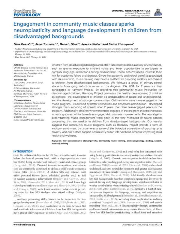 First page of “Engagement in community music classes sparks neuroplasticity and language development in children from disadvantaged backgrounds”