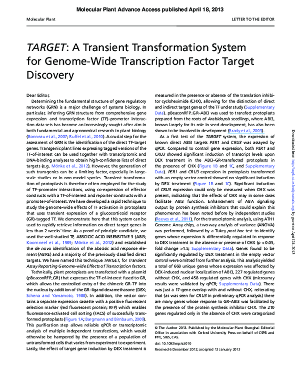 First page of “TARGET: A Transient Transformation System for Genome-Wide Transcription Factor Target Discovery”