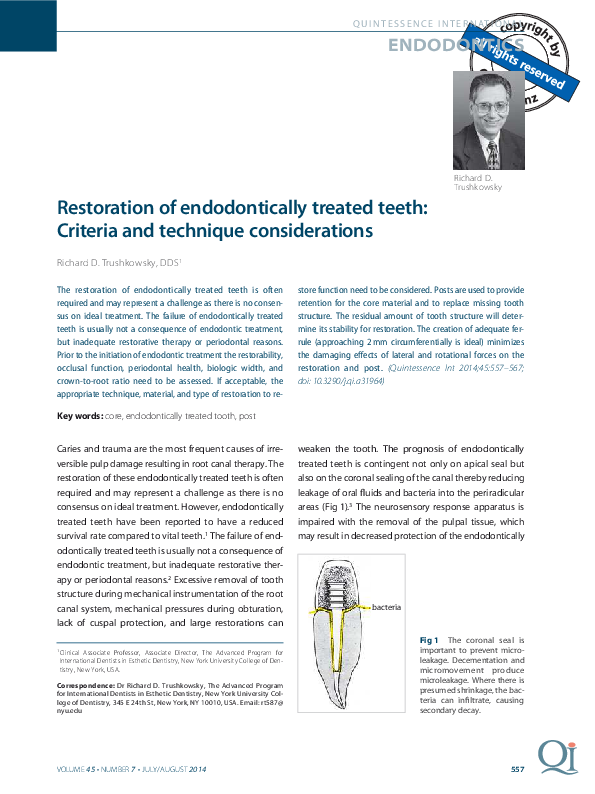 First page of “Restoration of endodontically treated teeth: criteria and technique considerations”