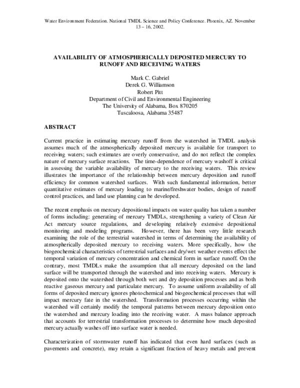 First page of “Availability of Atmospherically Deposited Mercury to Runoff and Receiving Waters”