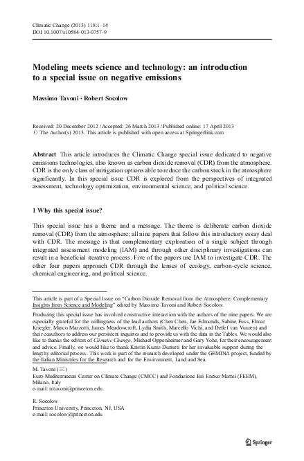 First page of “Modeling meets science and technology: an introduction to a special issue on negative emissions”