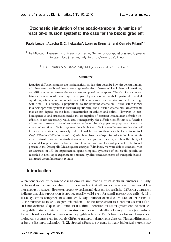 First page of “Stochastic simulation of the spatio-temporal dynamics of reaction-diffusion systems: the case for the bicoid gradient”