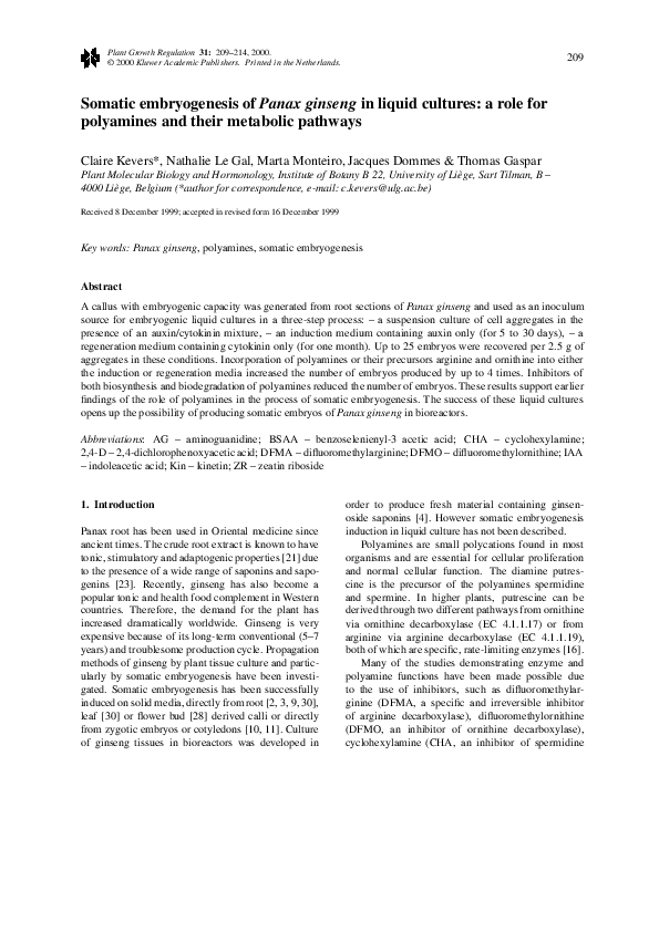 First page of “Somatic embryogenesis of Panax ginseng in liquid cultures: A role for polyamines and their metabolic pathways”