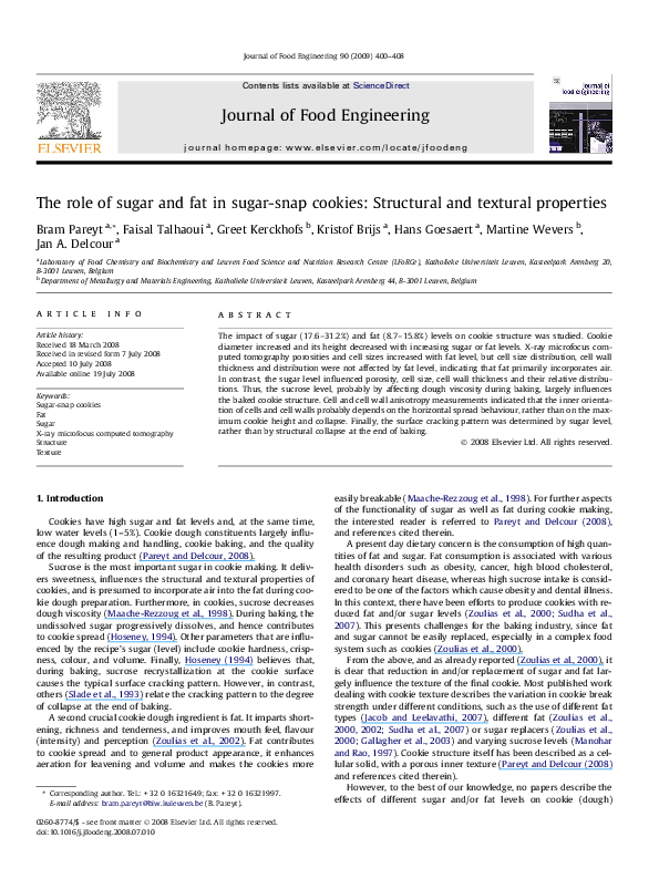 First page of “The role of sugar and fat in sugar-snap cookies: Structural and textural properties”