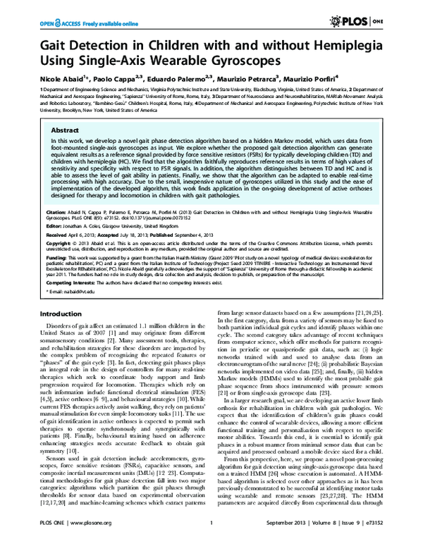 First page of “Gait Detection in Children with and without Hemiplegia Using Single-Axis Wearable Gyroscopes”