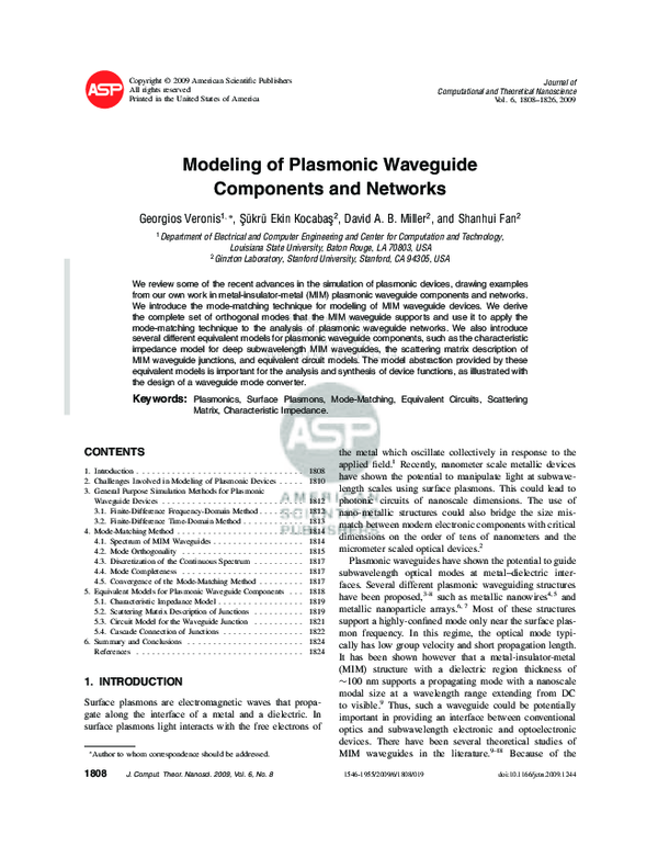 First page of “Modeling of Plasmonic Waveguide Components and Networks”