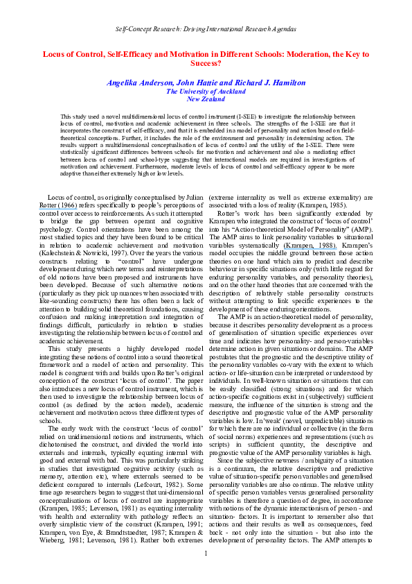 First page of “Locus of Control, Self‐Efficacy, and Motivation in Different Schools: Is moderation the key to success?”