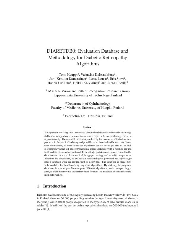 First page of “Diaretdb0: Evaluation database and methodology for diabetic retinopathy algorithms”