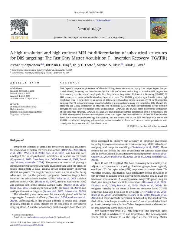 First page of “A high resolution and high contrast MRI for differentiation of subcortical structures for DBS targeting: The Fast Gray Matter Acquisition T1 Inversion Recovery (FGATIR)”