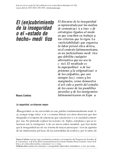 First page of “El (en) cubrimiento de la inseguridad o el «estado de hecho» mediático”