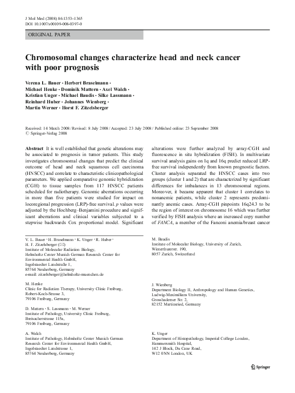 First page of “Chromosomal changes characterize head and neck cancer with poor prognosis”