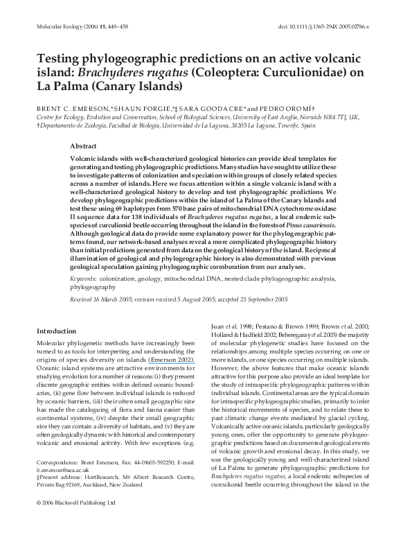 First page of “Testing phylogeographic predictions on an active volcanic island: Brachyderes rugatus (Coleoptera: Curculionidae) on La Palma (Canary Islands)”