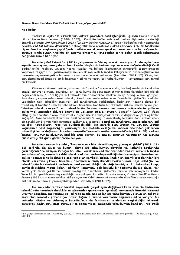 First page of “Pierre Bourdieu'dan Eril Tahakküm Türkçe'ye çevirildi!”