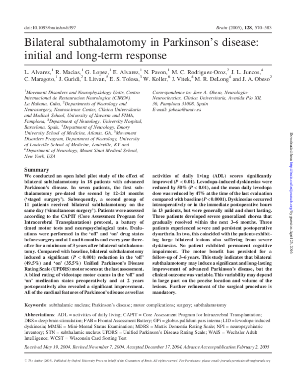 First page of “Bilateral STN lesion Brain 2005”