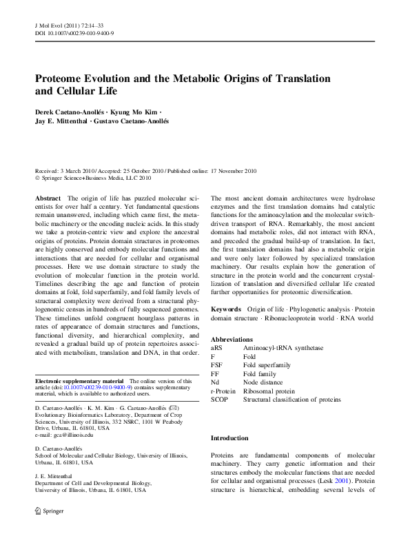 First page of “Proteome Evolution and the Metabolic Origins of Translation and Cellular Life”