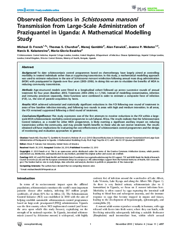 First page of “Observed Reductions in Schistosoma mansoni Transmission from Large-Scale Administration of Praziquantel in Uganda: A Mathematical Modelling Study”