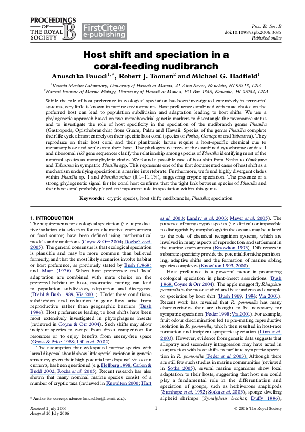 First page of “Host shift and speciation in a coral-feeding nudibranch”