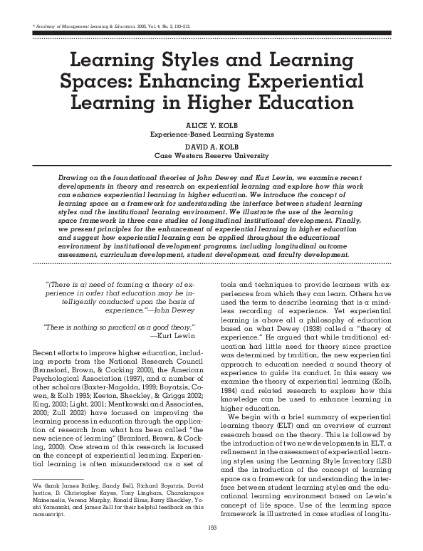 First page of “Learning Styles and Learning Spaces: Enhancing Experiential Learning in Higher Education”