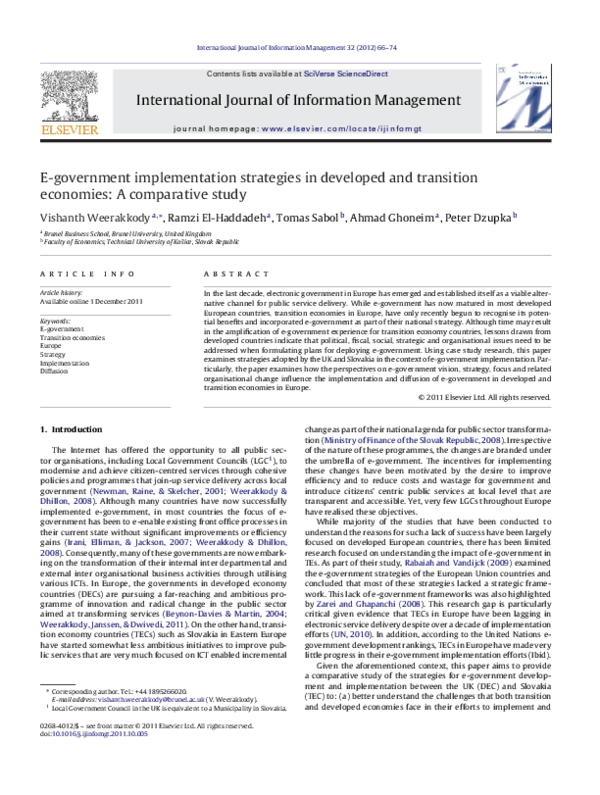 First page of “E-government implementation strategies in developed and transition economies: A comparative study”