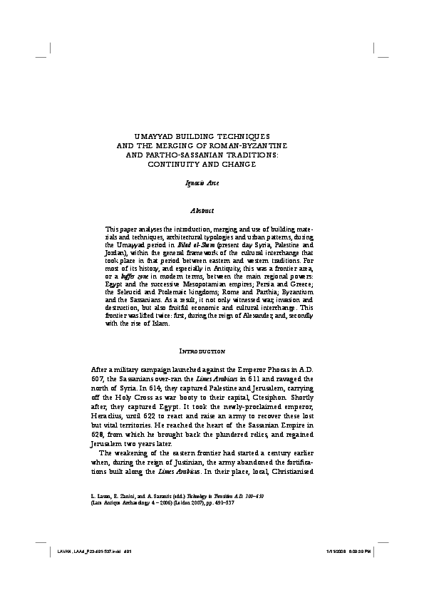 First page of “UMAYYAD BUILDING TECHNIQUES AND THE MERGING OF ROMAN-BYZANTINE AND PARTHO-SASSANIAN TRADITIONS: CONTINUITY AND CHANGE”