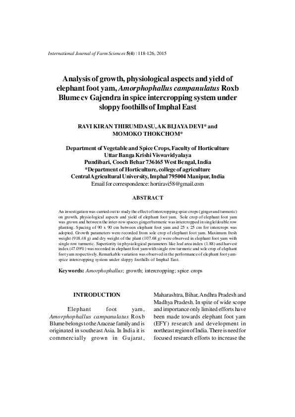 First page of “Analysis of growth, physiological aspects and yield of elephant foot yam, Amorphophallus campanulatus Roxb Blume cv Gajendra in spice intercropping system under sloppy foothills of Imphal East”
