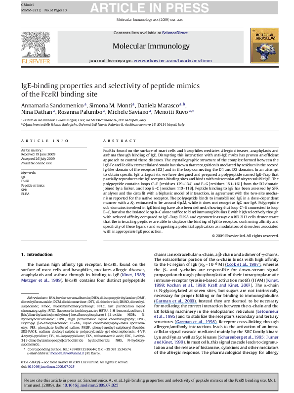 First page of “IgE-binding properties and selectivity of peptide mimics of the FcɛRI binding site”