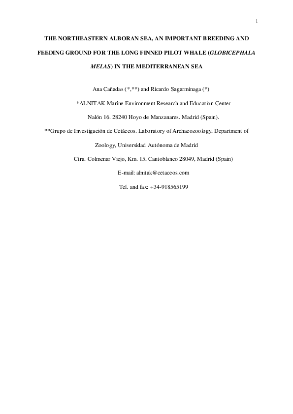 First page of “THE NORTHEASTERN ALBORAN SEA, AN IMPORTANT BREEDING AND FEEDING GROUND FOR THE LONG-FINNED PILOT WHALE (GLOBICEPHALA MELAS) IN THE MEDITERRANEAN SEA”