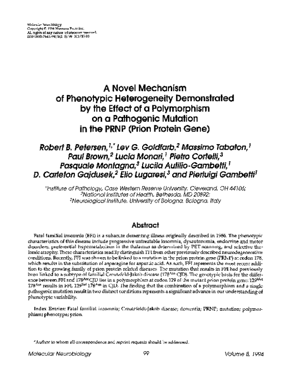 First page of “A novel mechanism of phenotypic heterogeneity demonstrated by the effect of a polymorphism on a pathogenic mutation in the PRNP (prion protein gene)”