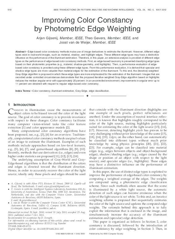 First page of “Improving Color Constancy by Photometric Edge Weighting”