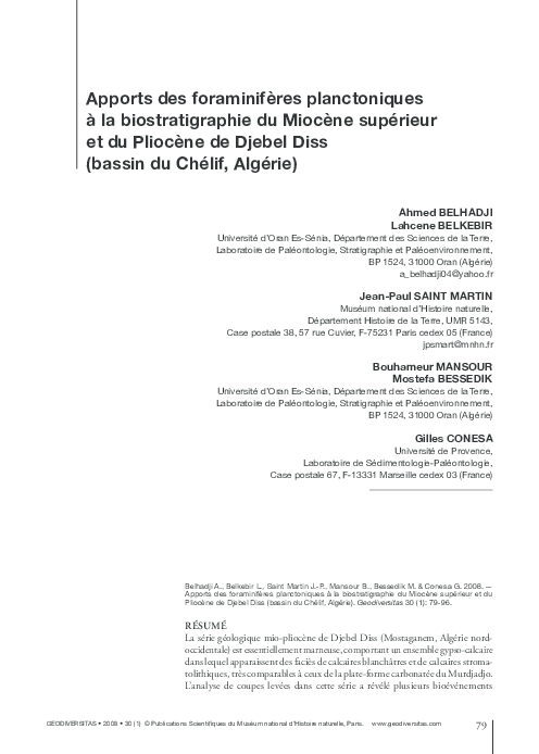 First page of “Apports des foraminifères planctoniques à la biostratigraphie du Miocène supérieur et du Pliocène de Djebel Diss (bassin du Chélif, Algérie)”