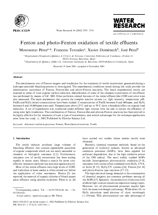 First page of “Fenton and photo-Fenton oxidation of textile effluents”