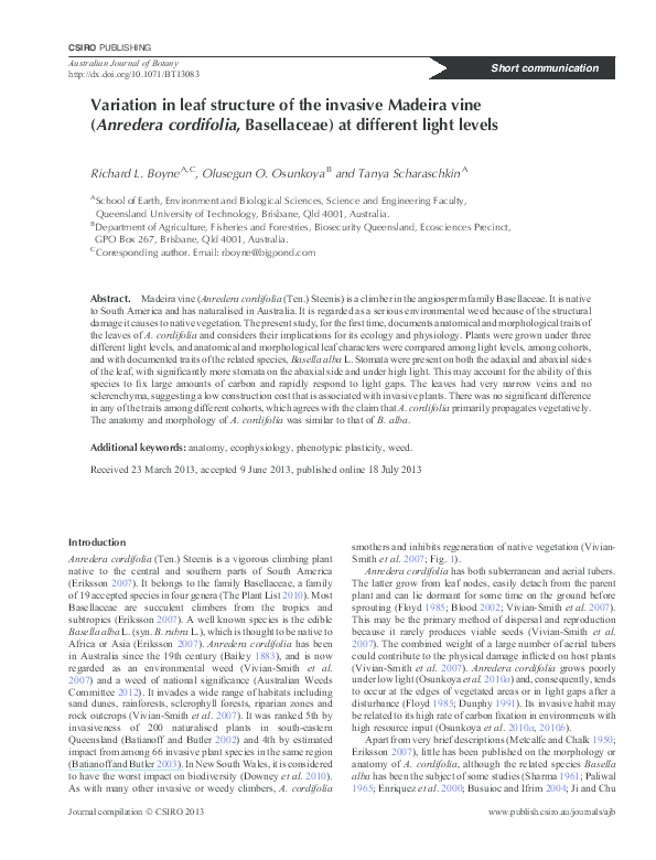 First page of “Variation in leaf structure of the invasive Madeira vine (Anredera cordifolia, Basellaceae) at different light levels”