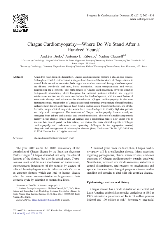 First page of “Chagas Cardiomyopathy—Where Do We Stand After a Hundred Years?”