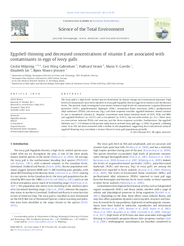 First page of “Eggshell thinning and decreased concentrations of vitamin E are associated with contaminants in eggs of ivory gulls”