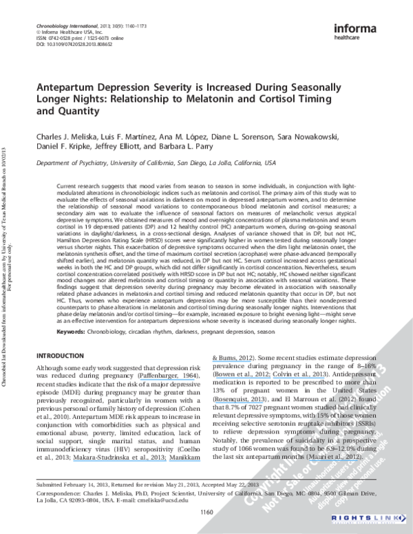 First page of “Antepartum Depression Severity is Increased During Seasonally Longer Nights: Relationship to Melatonin and Cortisol Timing and Quantity”