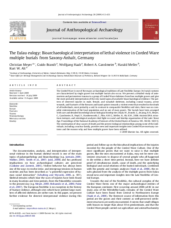 First page of “The Eulau eulogy: Bioarchaeological interpretation of lethal violence in Corded Ware multiple burials from Saxony-Anhalt, Germany”