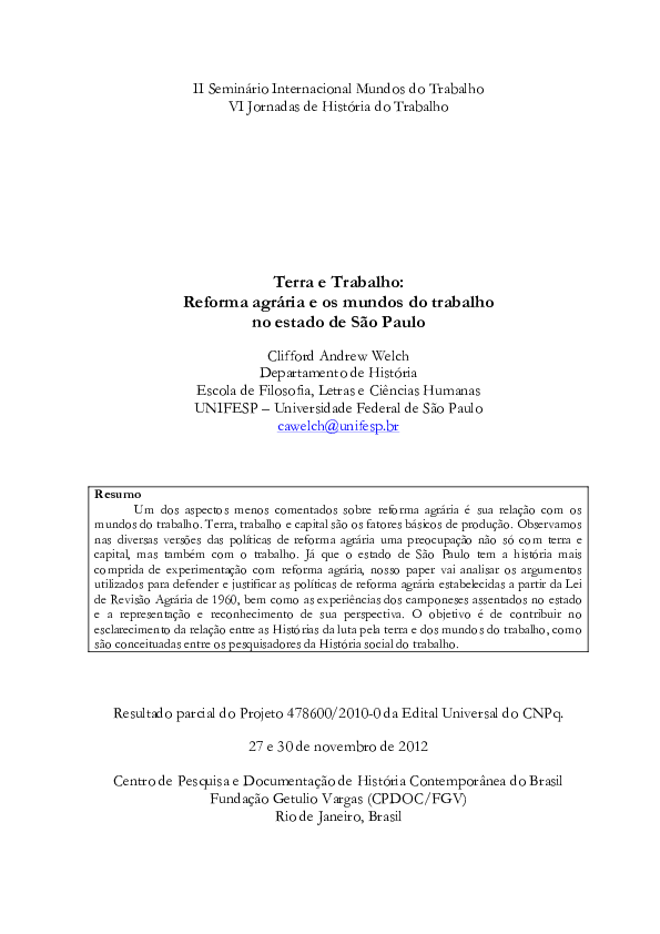 First page of “Terra e Trabalho: Reforma agrária e os mundos do trabalho no estado de São Paulo”