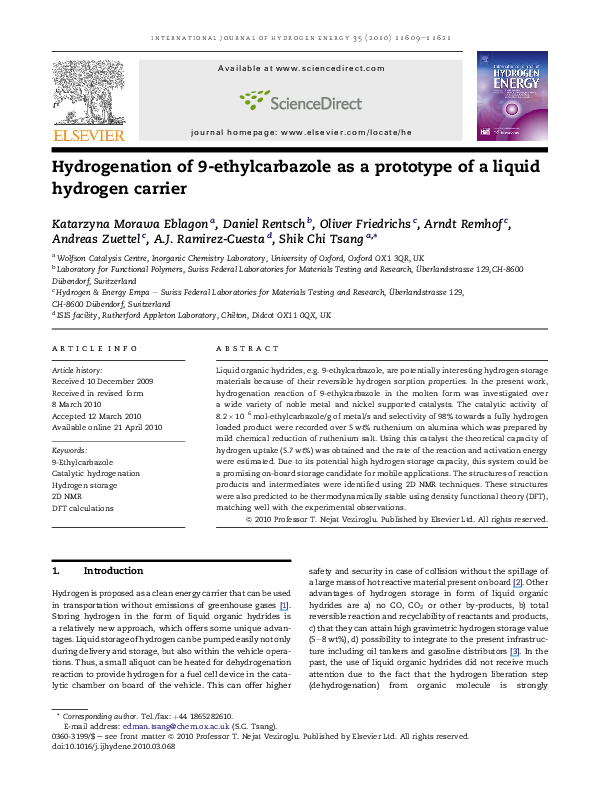 First page of “Hydrogenation of 9-ethylcarbazole as a prototype of a liquid hydrogen carrier”